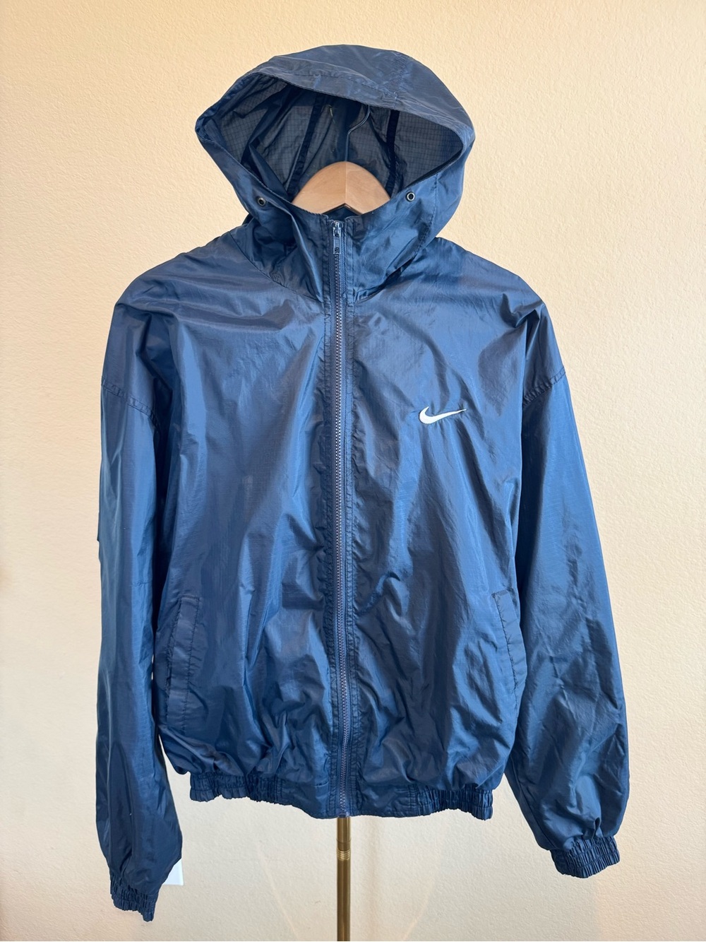 VTG 90s Nike Big Swoosh Windbreaker Hoodie Bomber Jacket Mens M Navy Embroidered
